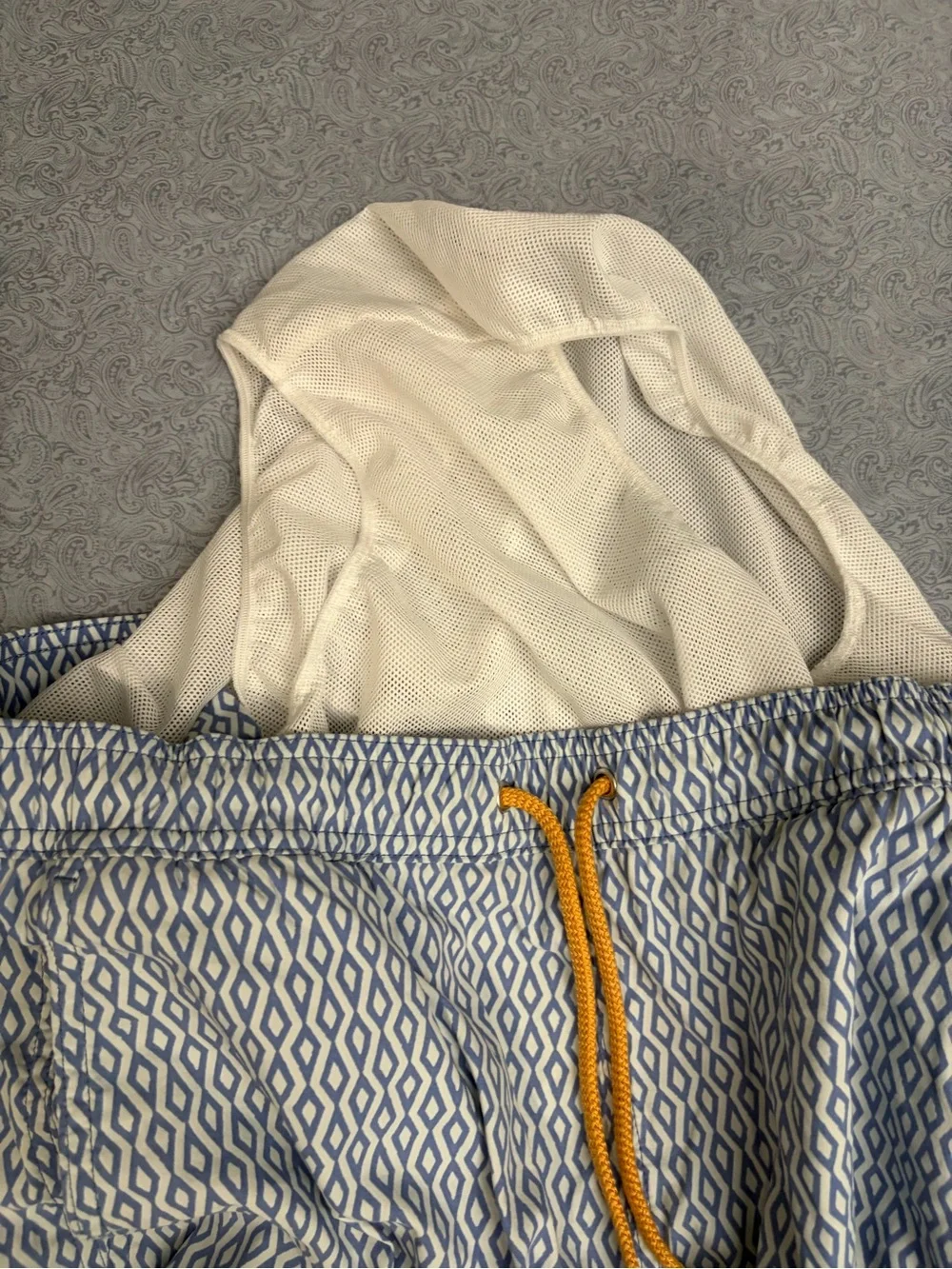 J Crew Men's Light Blue Geometric Swim Shorts with Yellow Drawstring